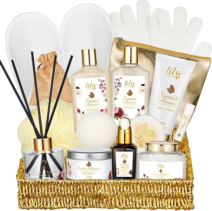LILYROY Sweet Almond Bath Gift Set â€“ Spa Gift Basket for Women. Perfect for Motherâ€™s Day, Christmas, Birthdays. Includes bath, body care, and self-care skin care gifts, along with a relaxing spa kit. - Image 2
